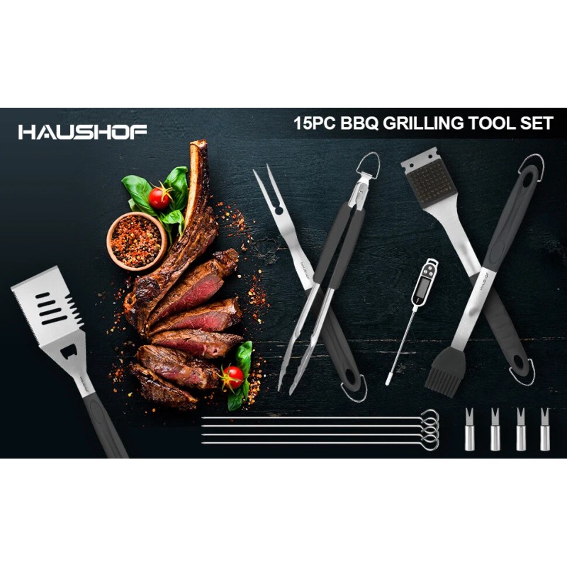 HAUSHOF 15PC Grilling Accessories BBQ Grill Set Barbecue Utensils 16.5"