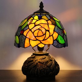 Small Tiffany Lamp Mini Stained Glass Table Lamp Yellow Purple Rose Style Mushroom Desk Light Memory Sympathy Lamp 8X11 Inch