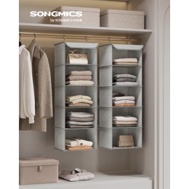 SONGMICS RCH005W01 Hanging Shelf, Wardrobe Organiser, Hanging Storage Clothes, Space Saving and Foldable, Metal Hooks, Bamboo Inserts, Linen-Like Texture, Light Grey