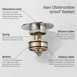 BWE Brushed Nickel One-Piece Sink Drain Stopper with Overflow for Bathroom Vessel Vanity Faucet Bathroom SinkPop-Up Drain Assembly with Strainer