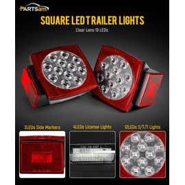 Partsam Partsam 12V Submersible Square Led Trailer Lights, Red White LED Stop Turn Tail License Side Marker Running Light Lamp for Trailers Under 80" Boat Trailer Truck, IP68, Red Clear Lens