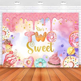 Sensfun Donut Two Sweet Birthday Backdrop Girls 2nd Birthday Party Decorations Photography Background Donut Ice Cream Spinkles Happy Second Birthday Party Banner Supplies 7x5ft