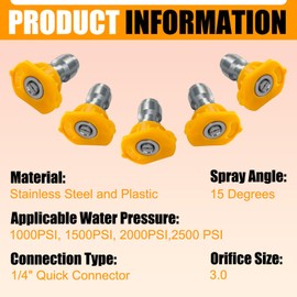 Podoy Pressure Washer Sprayer Nozzle Tip 1/4" Size 3.0, Yellow 15 Degree Stainless Steel for 1500 Psi, 2000 Psi & 2500 Psi Pressure Washer （Pack of 5）