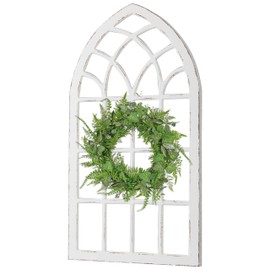 Sintosin Large Farmhouse Arched Window Frame Wall Decor 44 X 24 Inch, Hanging Distressed White Window Pane Wall Decor Living Room, Rustic Wooden Faux Windows for Bedroom Fireplace Entryway
