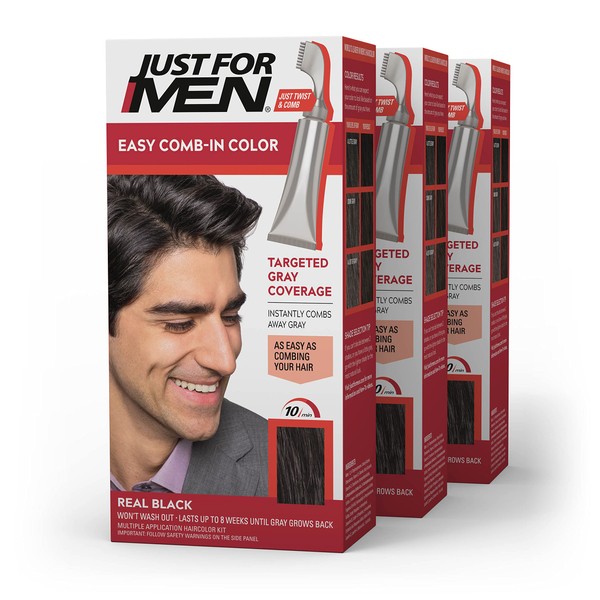 Just For Men Easy Comb-In Color Mens Hair Dye, Easy No Mix Application with Comb Applicator - Real Black, A-55, Pack of 3