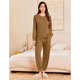 Ekouaer Lounge Sets for Women 2 Piece Jogger Pajama Long Sleeve Pants Loungewear Sweatsuits Casual Matching Outfits Coffee L