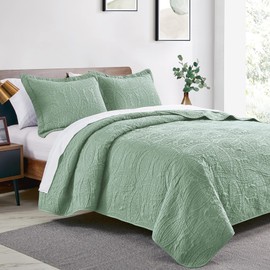 Love's cabin King Size Quilt Set Sage Bedspreads - Soft Bed Summer Quilt Lightweight Microfiber Bedspread- Modern Style Coin Pattern Coverlet for All Season - 3 Piece (1 Quilt, 2 Pillow Shams)