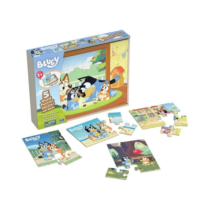 Spin Master Bluey 5 Wood Jigsaw Puzzles with Storage Box