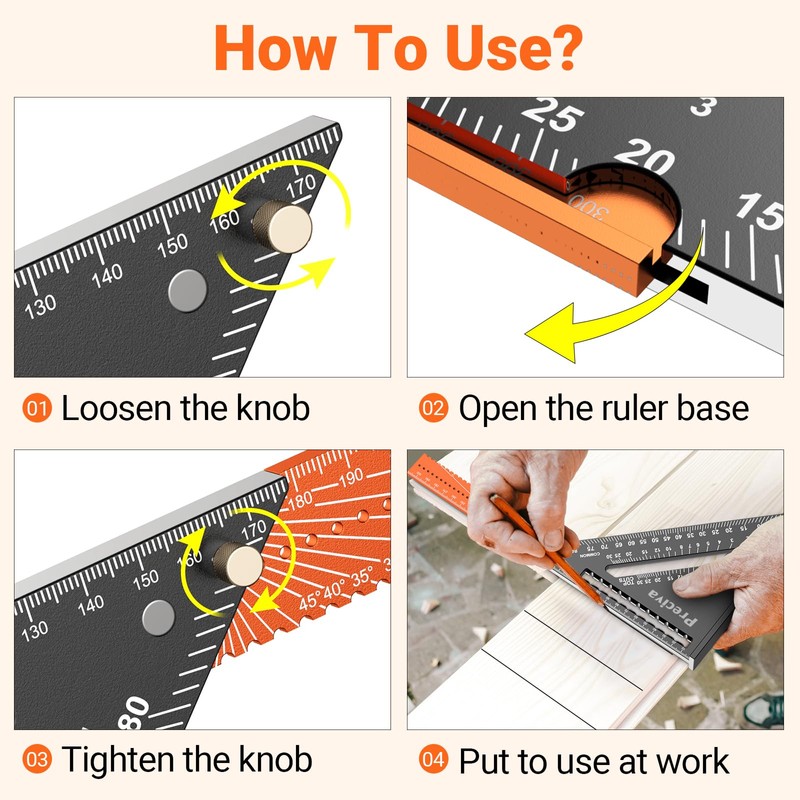 Carpenter's Square, Preciva Try Square, Multifunctional Foldable Triangle Protractor, Aluminium