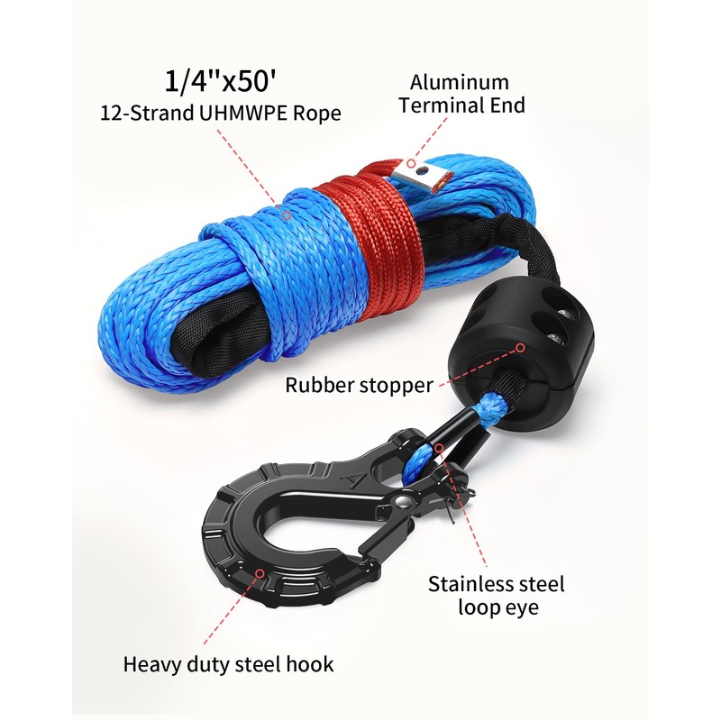 Kolvoii Synthetic Winch Rope Kit, 1/4" x 50ft 9,650lbs Winch