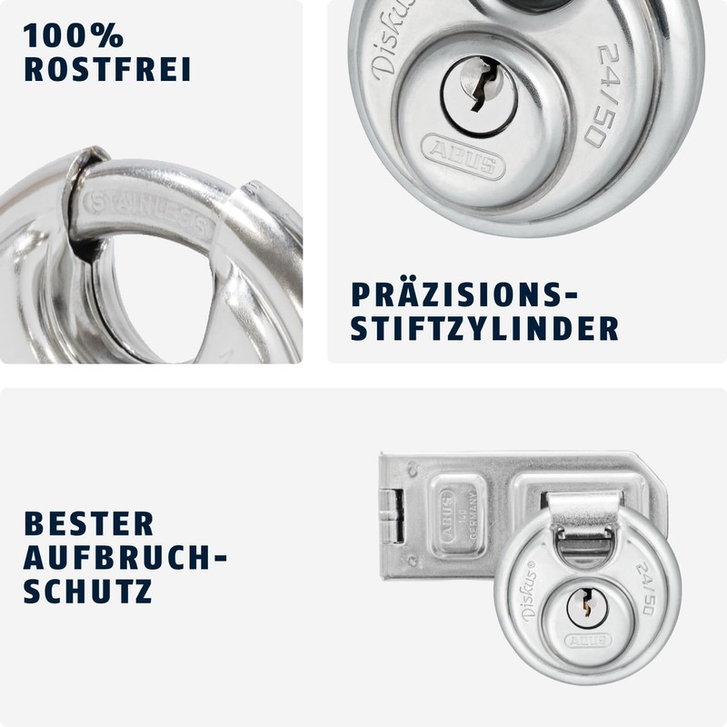 ABUS Diskus Vorhängeschloss 24IB/50 aus Edelstahl - mit 360° Rundumschutz
