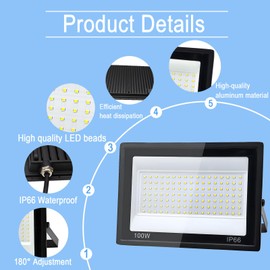 Pack of 2 Outdoor LED Spotlights, 100 W, 1 m Cable, 6500 K, Cool White, 10000 LM LED Spotlight, Outdoor Spotlight, IP66 Waterproof, for Gardens, Patios, Yards, Balconies, Parks, Garages, Factories