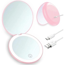 PERANNU Espejo de Bolsillo, Espejo con Luz Portatil, Aumento 1x/10x, Plegable Espejo De Mano con Luz, Espejo Recargable De Aumento, Espejo De Viaje Regulable para Bolso (Rosa)