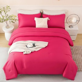 PERFEMET 5 Piece Hot Pink Bed in A Bag Queen Size Set Boho Pom Pom Comforter with Sheet Set Soft Fluffy Solid Bedding Set for Girls Women(Hot Pink, Queen)