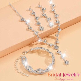 Fashband Silver Bride Necklace Tassel Earrings Set Bridal Wedding Jewelry Sets Rhinestone Prom Necklaces for Women (Silver)