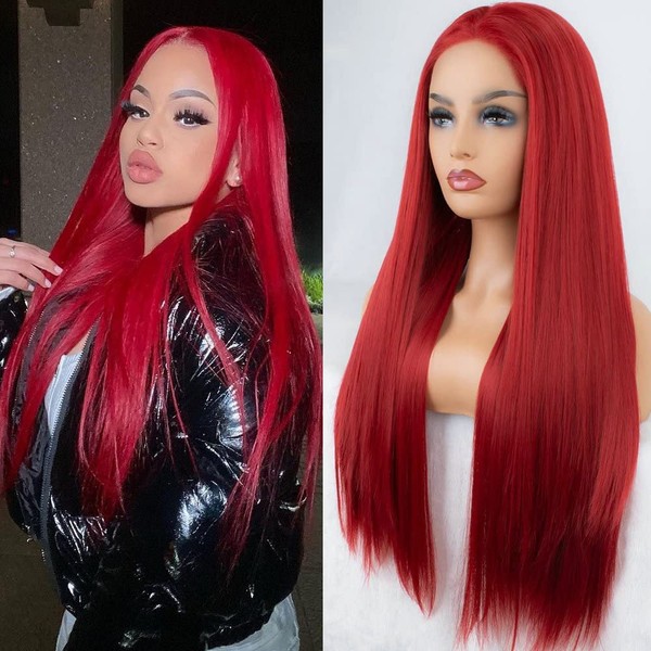 RainaHair 26" Long Wavy Red Synthetic Hair Wigs for Women