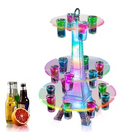 PARYRAY 3 Tier LED Shot Glass Holder for Party 18 Hole Rechargeable Eiffel Tower Stand with Color Changing Lights Up Acrylic Cocktail Display Rack for Wedding Bar Nightclub Birthday Gift