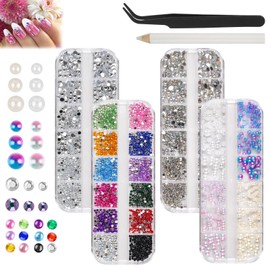 6800 Pieces Rhinestones, Glitter Stones and Semicircular Pearls Nails Rhinestones, AB Crystal Rhinestones, with Tweezers and Pen, Flatback Rhinestones for Nail/DIY (Multiple Sizes and Colours)