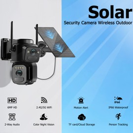 Uniter Dual Lens Solar Security Cameras Wireless Outdoor, 5G/2.4G WiFi 6, Panoramic & Tracking Cam 2-in-1, 6MP Color Night Vision/Motion Detection/Person Tracking/Spotlight Siren/PTZ/2-Way Audio