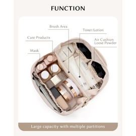 Yikisite Travel Makeup Bag, Large Capacity Cosmetic Organizer for Women, Waterproof PU Leather Portable Pouch with Divider and Handle, Flat-Open Toiletry Bag (Croc Embossed, White)