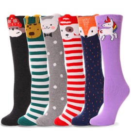 ANTSANG Kids Girls Knee High Socks Long Boot Crazy Silly Fun Gift Cute Tall Animal Socks for Child 6 Pairs Stocking Stuffers Gifts for 10 Year Old Girls Birthday Gifts Ideas(Dots Animal)