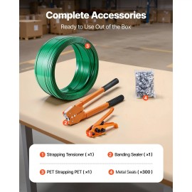 Heavy Duty Banding Sealer Tool Kit 1000 ft Length PET Band 300 Metal Seals Manual Pallet Pack 100% Readiness 100% CustomerLength of Strapping Belt: 1000 ft, Strapping Tape Type: PET