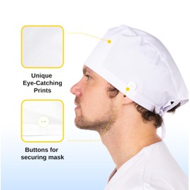 Gorra de trabajo sólida para mujeres y hombres, gorra quirúrgica unisex cómoda y elegante, White_with_button, One Size