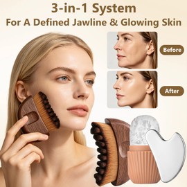 3-in-1 Facial Massager Set, Walnut Face Brush, Stainless Steel Gua Sha Tool & Silicone Ice Mold, Face Sculpting Brush Kit for Puffiness, Jawline, Glowing Skin Gift