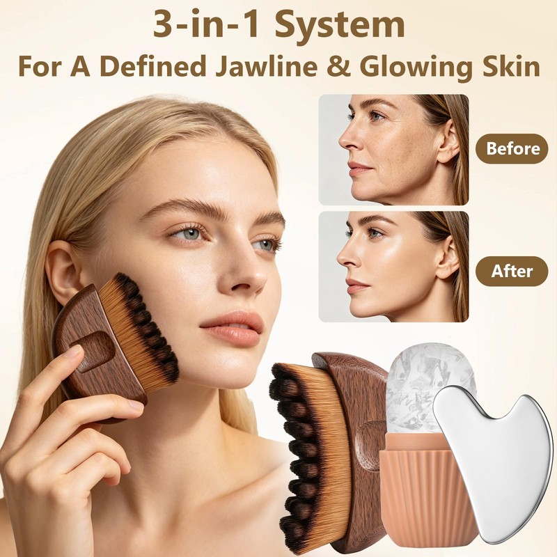 3-in-1 Facial Massager Set, Walnut Face Brush, Stainless Steel Gua