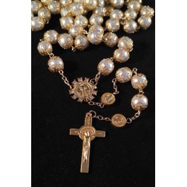 Beautiful Golden & White Long Deluxe Rosary For Boy or Girl Baptism/First Communion Gift