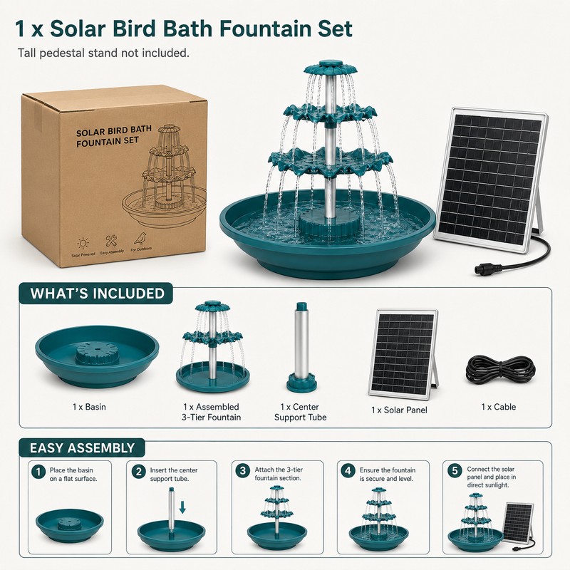 3-Tier Solar Bird Bath Fountain with 3.5W Detachable Solar Panel