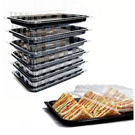 Zumart Pack of 6 Sandwich Platter Trays With lids - Reusable Plastic Catering Trays With Lids for Meal Prep, Cakes, Treats and Sandwiches (33.5cm x 24cm x 6cm)