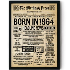 Stuff4 61st Birthday Poster Framed - Born In 1964 Vintage Newspaper - Happy 61st Birthday Gifts for Women Men Retro Back In 1964, 8x10 Inch Sixty-One Sixty-First Decor Decoration Bday Party
