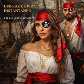 Disfraz Pirata Mujer, Accesorios Pirata Mujer y Hombre, Accesorios Disfraz Pirata de Halloween con Pañuelo En La Cabeza Cinturón de Faja Collar Parche Pendientes para Adultos y Fiestas de Cosplay