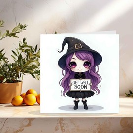 Get Well Soon Card - cute witch girl chibi anime speedy recovery 145x145mm