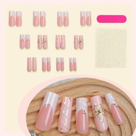 Gifiky 24Pcs French Tip Press on Nails - Long Square False Nails with 3D Swirl Pearls Design, Gradient Pink Fake Nails for Women,Reusable Glue on Nails Full Cover Tips