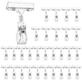 30PCS Clear Sign Holder Clips for Retail Display, Plastic Price Sign Clamps Label Tag Acrylic Clips, Merchandising Rotatable Pop Clips for Retail Rack, Baskets or Cards