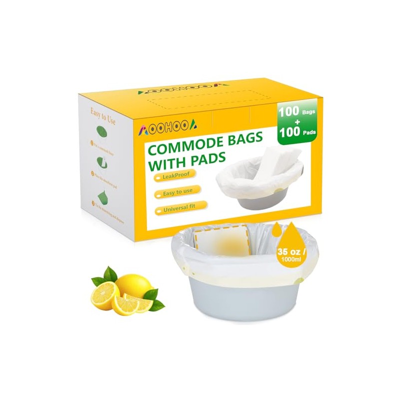 Bedside Commode Liners with Pads | 100 Commode Bags+100 Absorbent