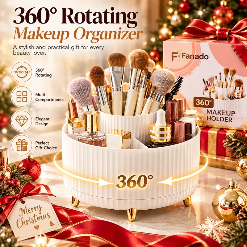 360° Rotating Makeup Organizer for Vanity, 5-Compartment Cosmetic Storage Holder