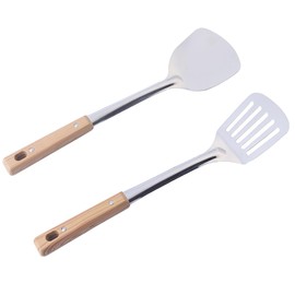 2 Pcs Spatula and Fried Shovel, 14 Inch Stainless Steel Turner with Wooden Handle for Cooking and Fried (2)