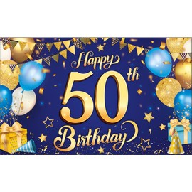 KatchOn, Blue and Gold 50th Happy Birthday Banner - XtraLarge, 72x44 Inch | Happy 50th Birthday Banner for Her | 50th happy birthday banner for Happy Birthday Decorations