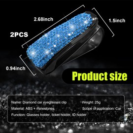 Dickno 2 PCS Bling Sunglasses Holder for Car Sun Visor, Crystal Rhinestones Eyeglasses Hanger Mount with Ticket Card Clip, Universal Vehicle Visor Decor Accessories for Women (Light Blue)