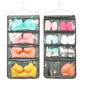 NIMES Durable Hanging Closet Underwear Sock Bra Stocking Organizer Dual-Sided Accessories Storage with 12 Large Clear Pockets (Grey)