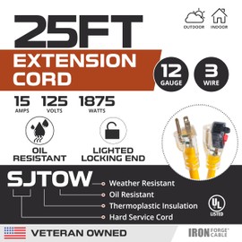 Iron Forge Cable Oil Resistant 12 Gauge Extension Cord 25 ft with Locking Ends, 12/3 SJTOW Heavy Duty Extension Cord 3 Prong with Locking Outlet, Yellow Outdoor Cable 15 Amp Great for Major Appliances
