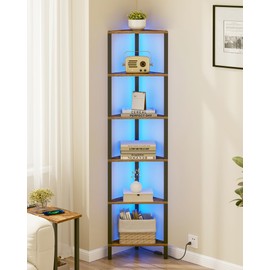TUTOTAK Corner Shelf with LED Light, 6-Tier Corner Bookshelf for Small Space, Narrow Display Corner Shelf Stand with Storage Rack, for Living Room, Bedroom, Rustic Brown BS05BB006L