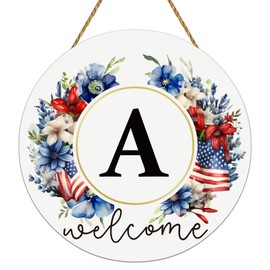 Patriotic Decorations Monogram Letter A 4th of July Wreaths for Front Door Wreath Wooden Welcome Sign for Front Door Decor Last Name Initial Fourth of July Memorial Day Porch Wall Home Kitchen Decor