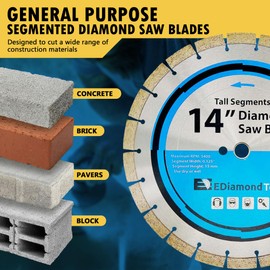 14" Segmented Diamond Saw Blade for Concrete, Brick, Block and Masonry, 15mm Segment Height, 1" Arbor, 3-Pack