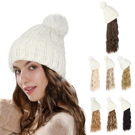 Flufymooz FLmaozi Beanie Wig, Hat Hair Extension Long Wavy White Hat Wig with Faux Fur Pom Hat, wig hat Attached 20 Inch Synthetic Hairpiece for Women Girls Winter（Medium Brown with Medium Auburn）