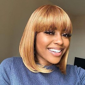 ToyoTress Peek-a-boo Color Bob Wig With Bangs - 8 Inch Blonde Mix Brown Bob Wigs For Black Women, Short Straight Light Yaki Synthetic Hair Wigs Daily Costume Cosplay Heat Resistant (8 Inch, F27/30)
