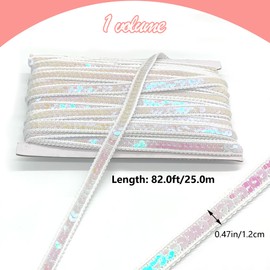 DHER 25 Meters Sequin Decor Ribbon, 12mm Sequin Ribbon, Glitter Sequin Ribbon Sequin Trim Ribbons Sequin Border Fabric Sequin Trim, Glittering Sequin Ribbon (Color White)